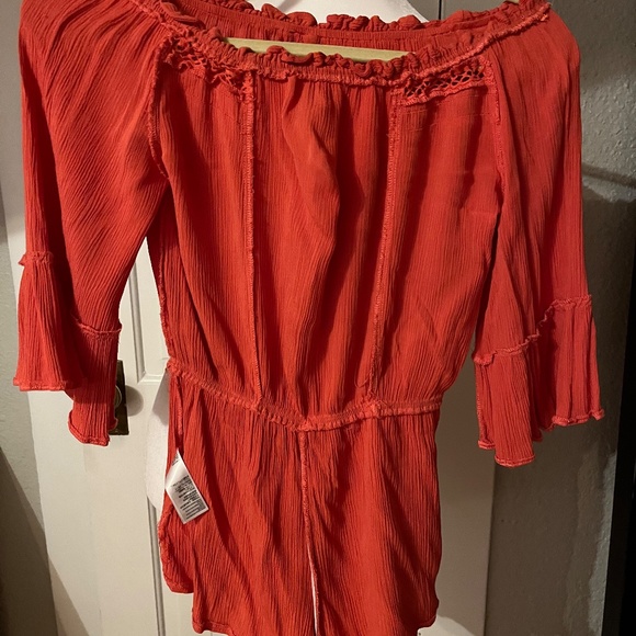 Burnt orange boho off/on shoulders romper - Picture 2 of 15